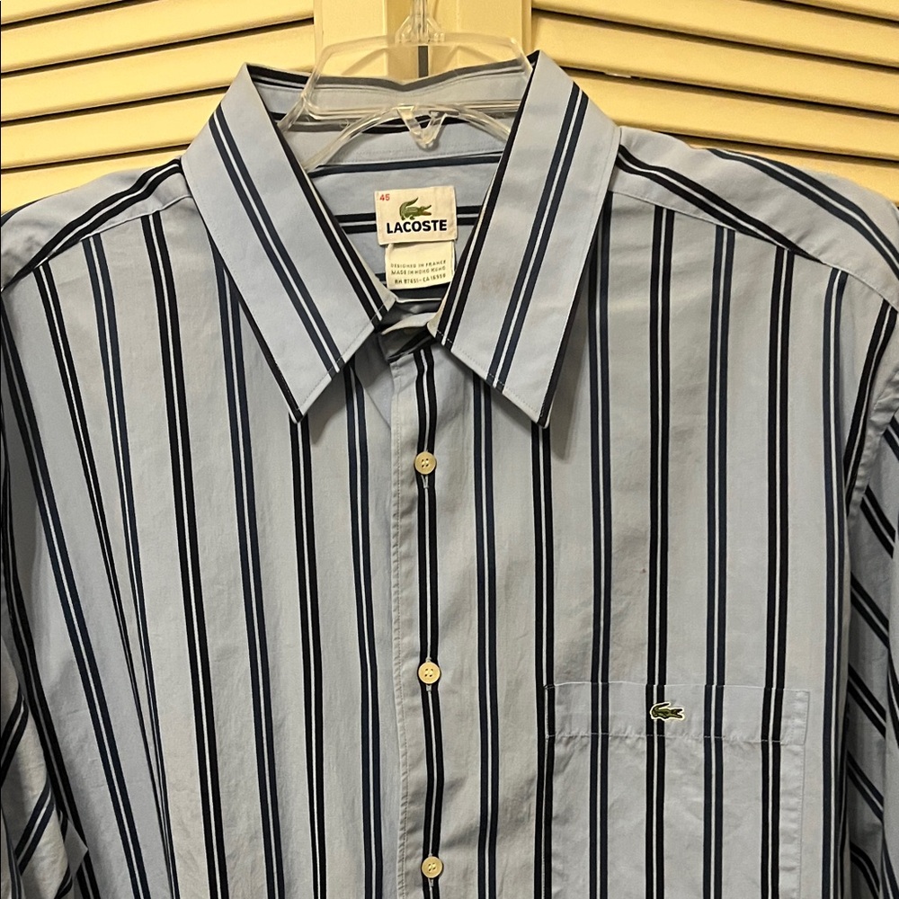 Lacoste Men's Light Blue and Navy Blue Striped Dress Shirt